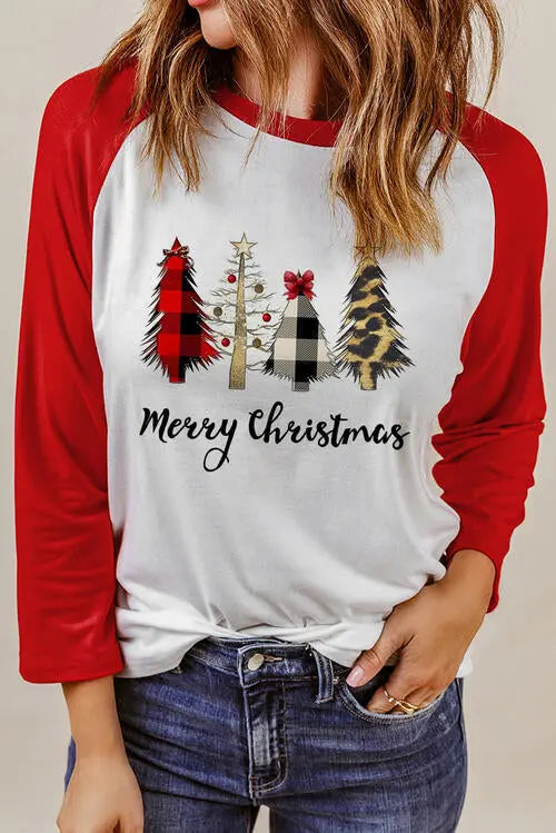 Christmas Tree Graphic Round Neck Long Sleeve T-Shirt Trendsi