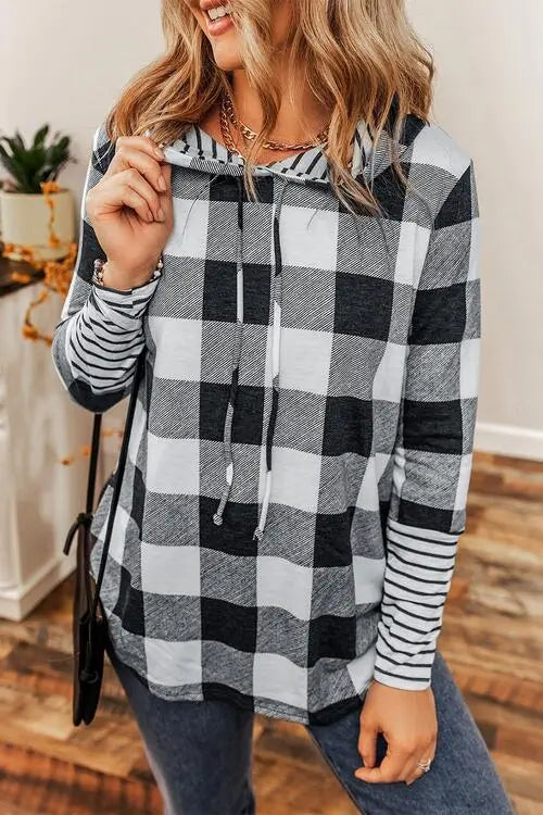 Plaid Drawstring Long Sleeve Hoodie Bazaarbey