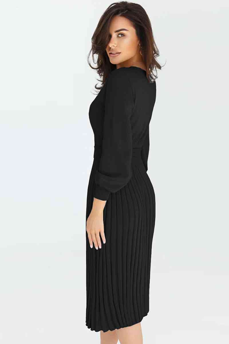 Round Neck Long Sleeve Pleated Sweater Dress Bazaarbey