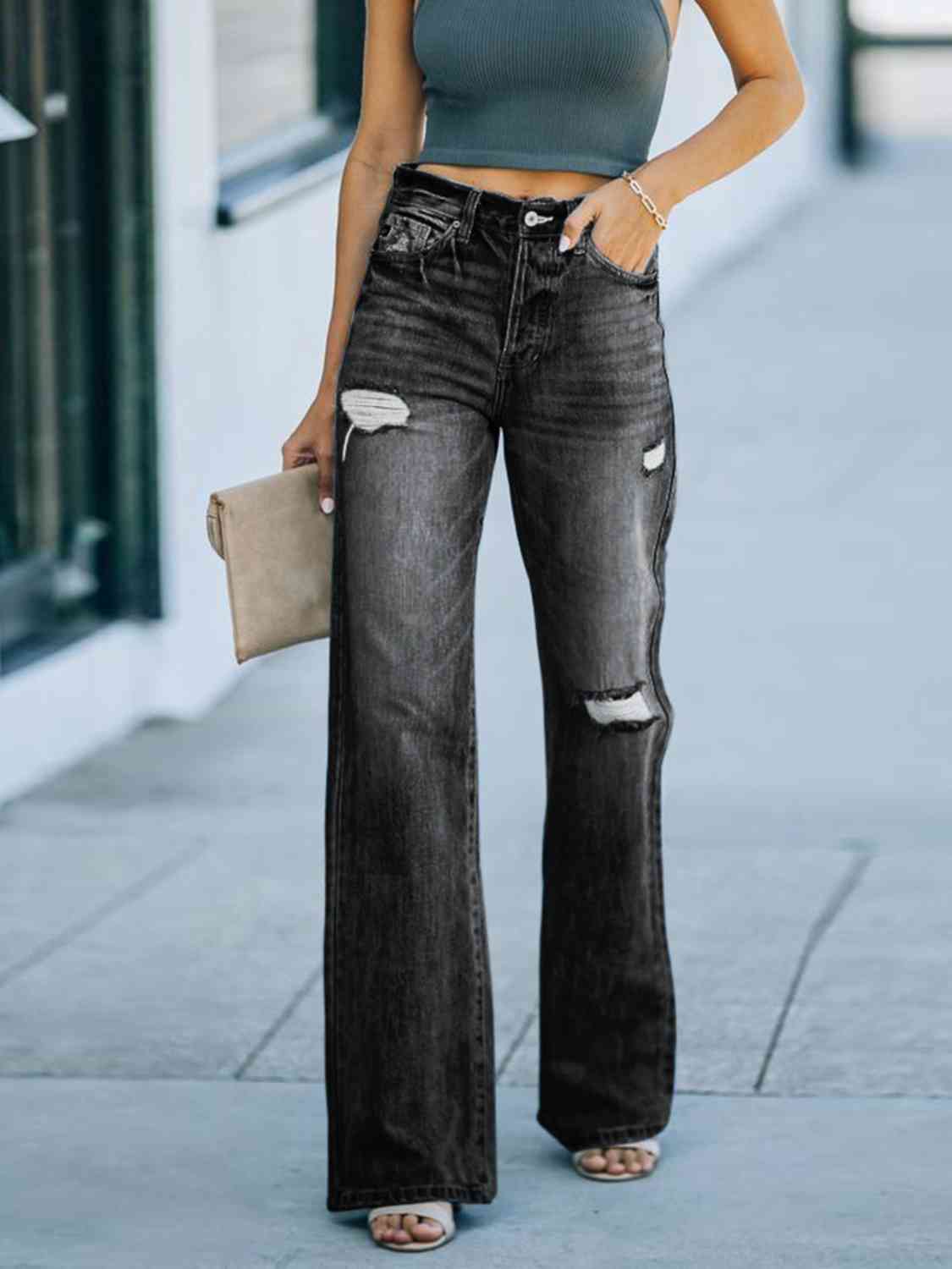 Distressed Straight Leg Jeans Trendsi