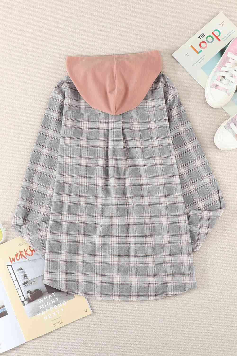 Plaid Drawstring Hooded Shirt Jacket Trendsi