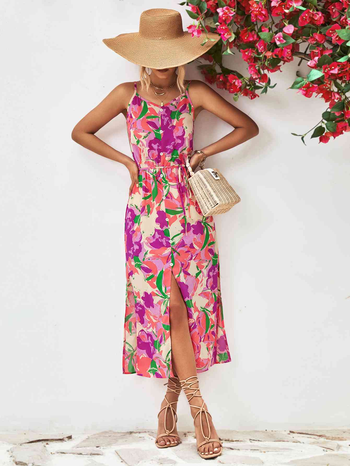 Printed Spaghetti Strap Front Slit Dress -BazaarBey - www.shopbazaarbey.com