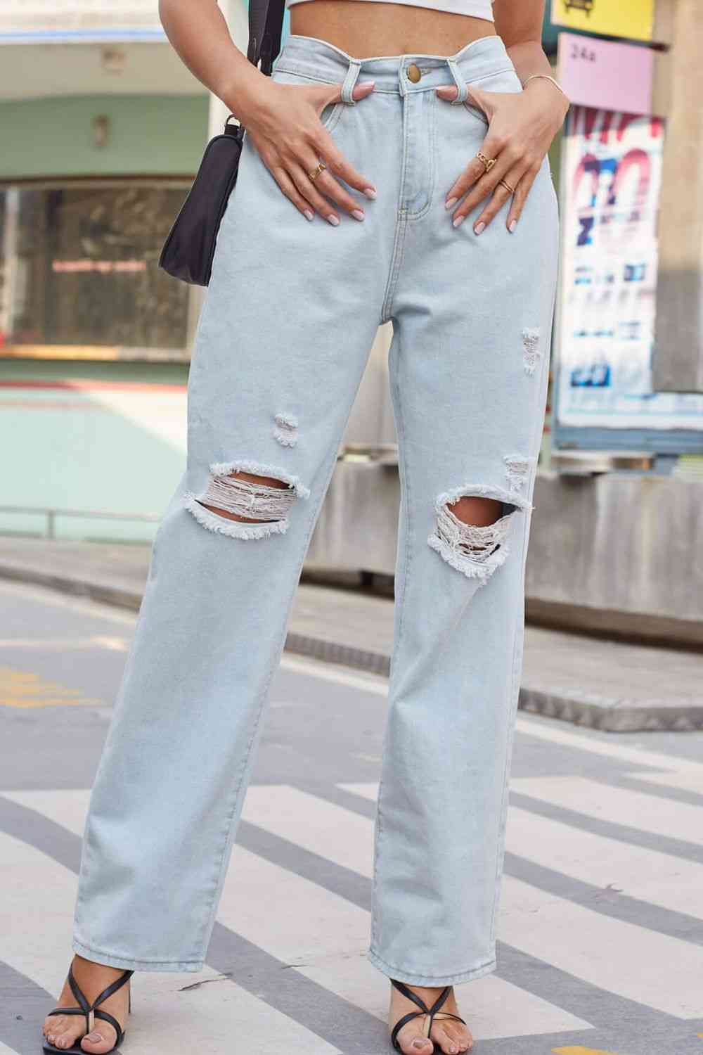  Distressed Straight Leg Jeans with Pockets Bazaarbey