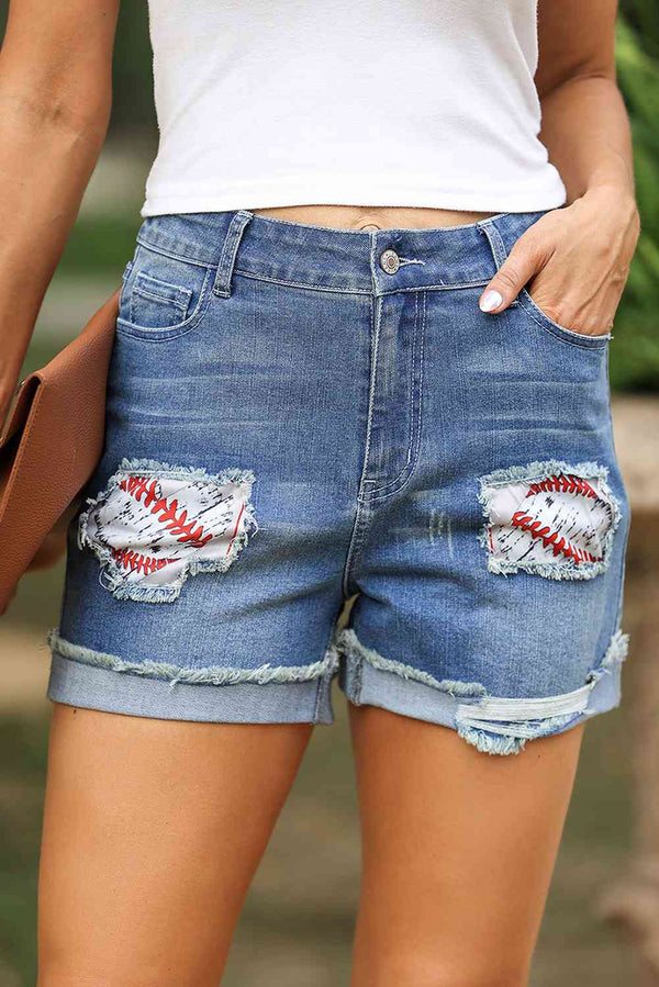 Printed Patch Raw Hem Denim Shorts Bazaarbey