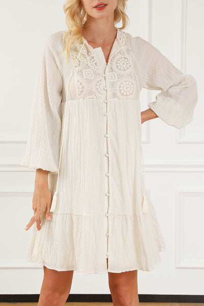 Tie Neck Balloon Sleeve Mini Dress -BazaarBey - www.shopbazaarbey.com