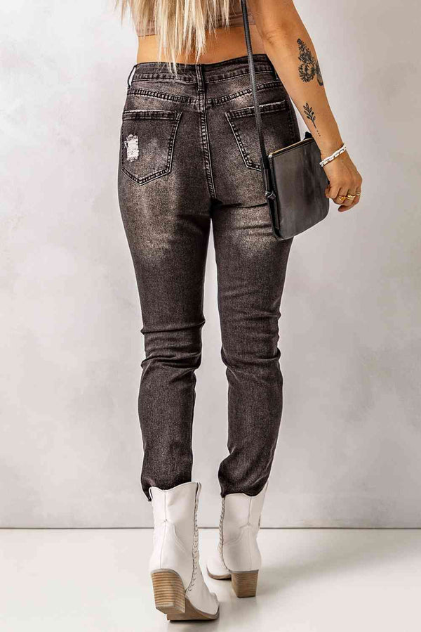 High Waist Raw Hem Skinny Jeans Trendsi