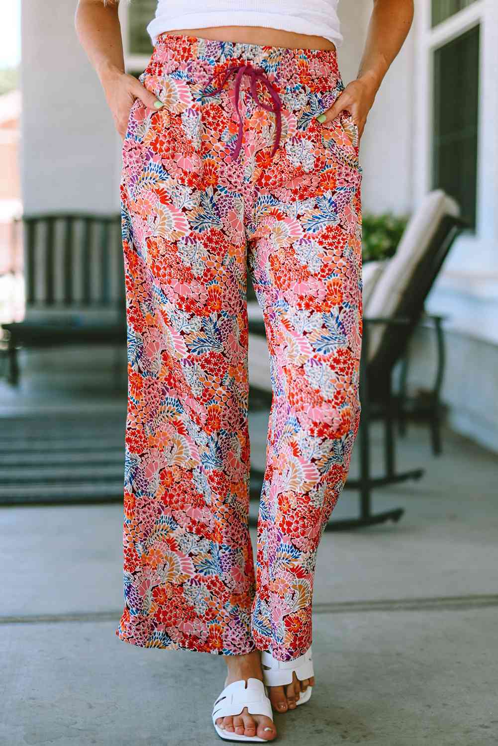 Printed Tie Waist Wide Leg Long Pants Bazaarbey