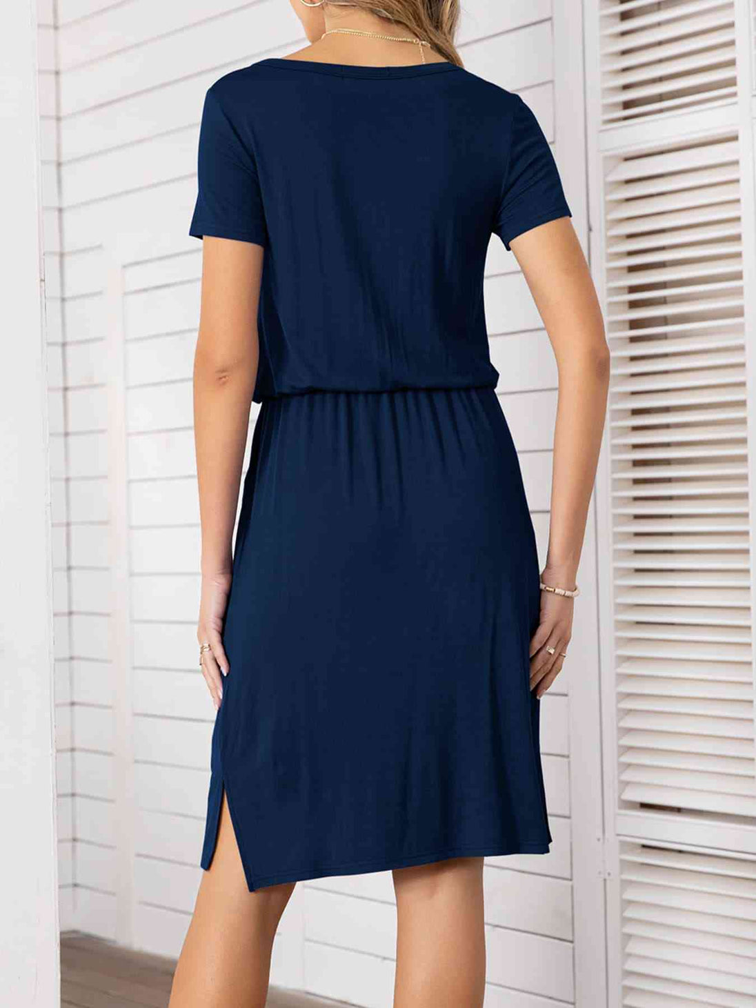 Round Neck Short Sleeve Slit Dress with Pockets -BazaarBey - www.shopbazaarbey.com