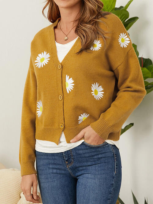 Flower Button Front Dropped Shoulder Cardigan Trendsi