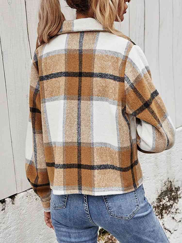  Plaid Collared Neck Jacket with Breast Pockets Trendsi