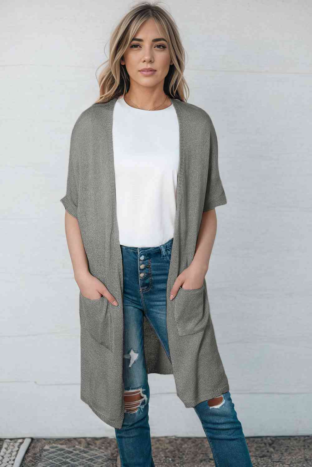 Open Front Sweater Cardigan with Pockets Trendsi