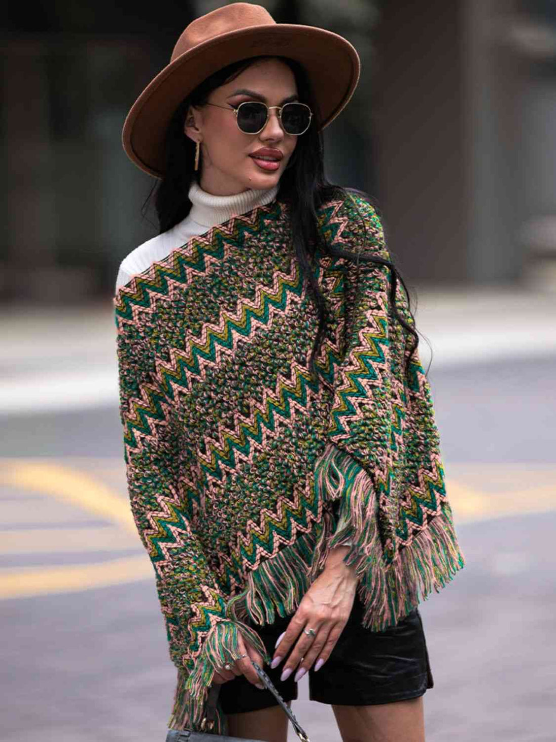 Fringe Hem Boat Neck Poncho Bazaarbey