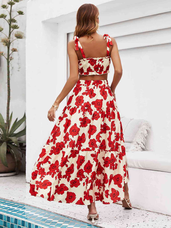 Floral Tie Shoulder Top and Tiered Maxi Skirt Set Bazaarbey