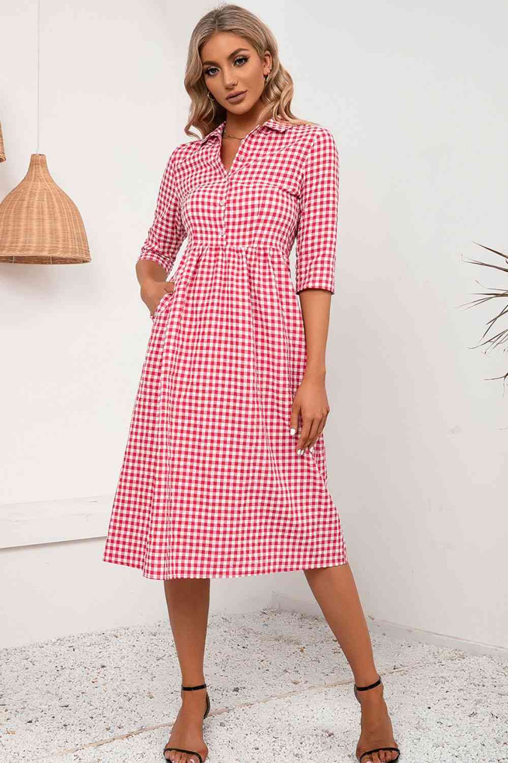 Plaid Collared Neck Midi Dress -BazaarBey - www.shopbazaarbey.com