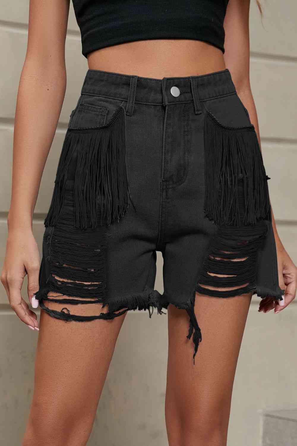 Fringe Trim Distressed Denim Shorts with Pockets Bazaarbey