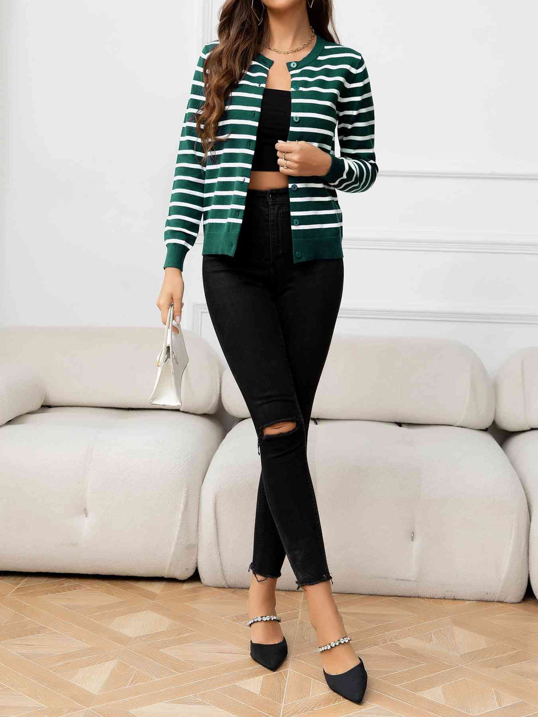 Striped Round Neck Long Sleeve Buttoned Knit Top Trendsi