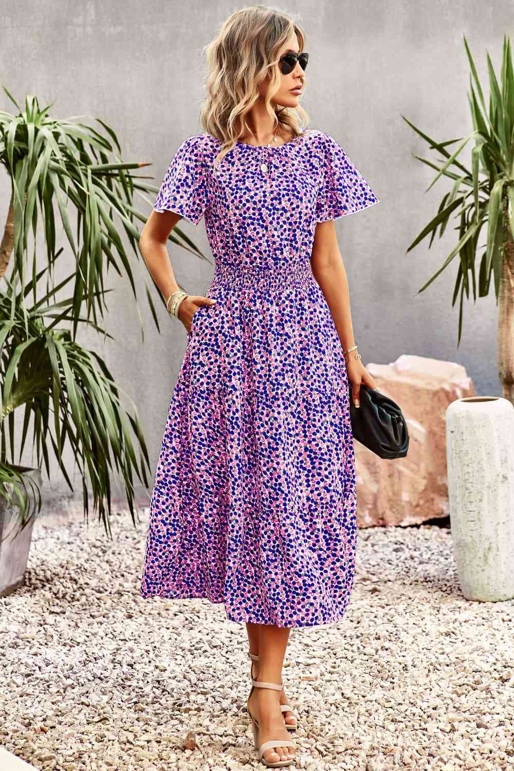 Floral Puff Sleeve Tiered Midi Dress -BazaarBey - www.shopbazaarbey.com