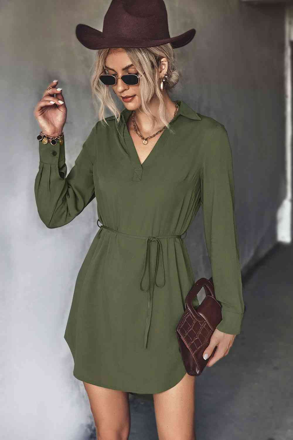 Belted  High-Low Shirt Dress -BazaarBey - www.shopbazaarbey.com