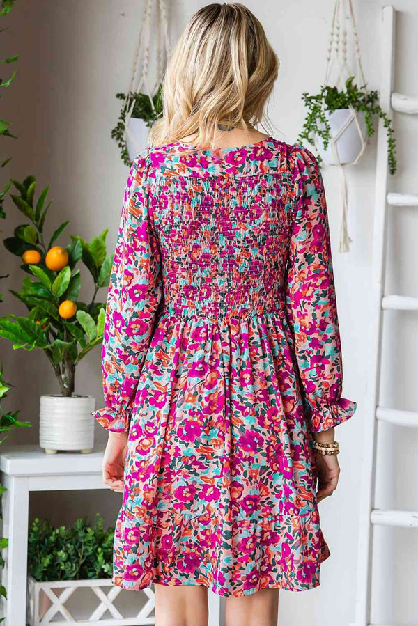 Floral Smocked V-Neck Flounce Sleeve Dress -BazaarBey - www.shopbazaarbey.com