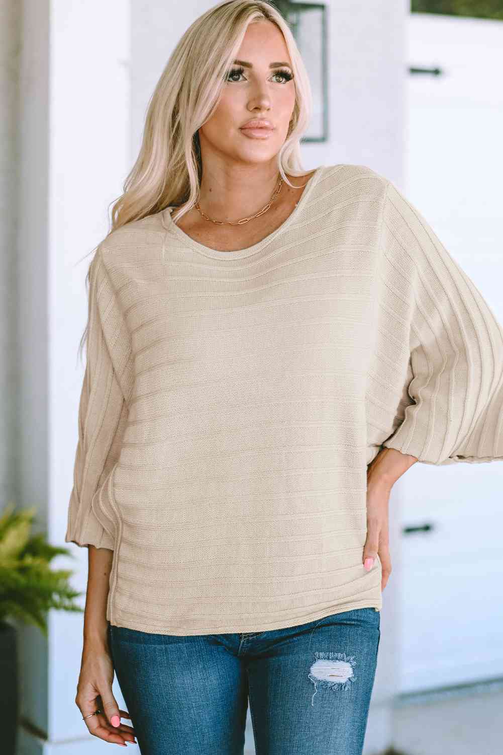 Round Neck Long Sleeve Knit Top Bazaarbey