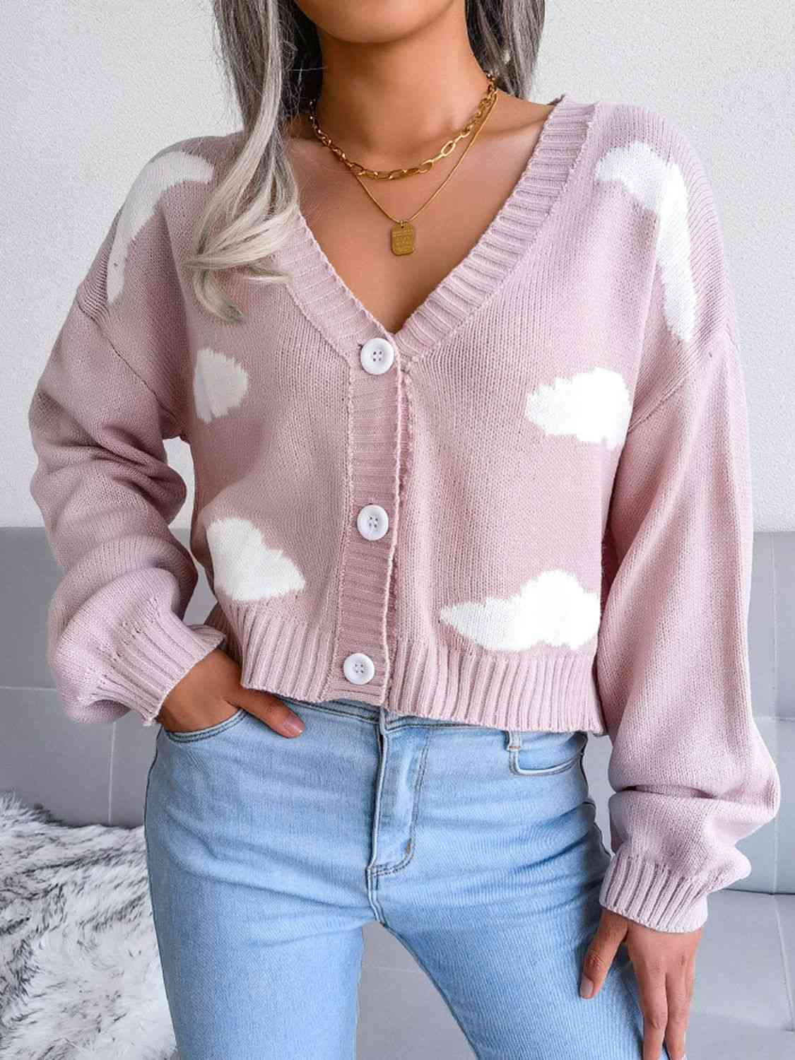 Cloud Print Button Down Ribbed Trim Cardigan Trendsi