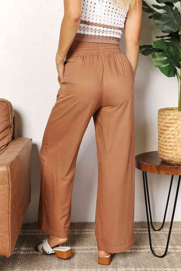  Drawstring Smocked Waist Wide Leg Pants Bazaarbey