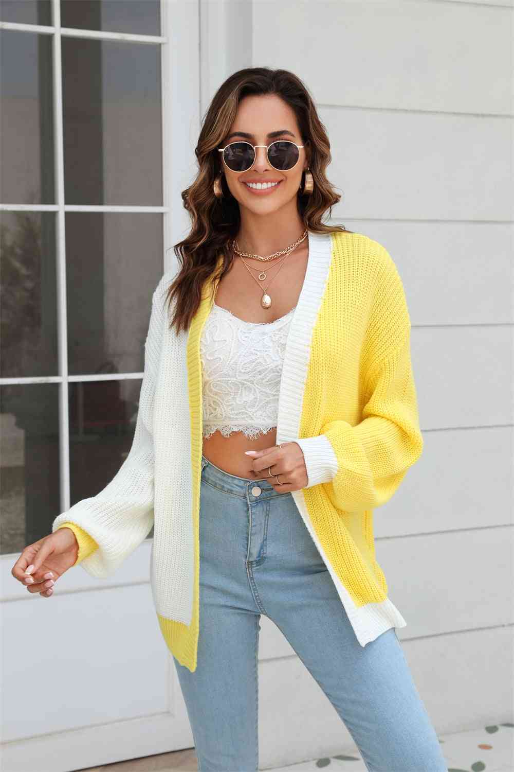 Open Front Contrast Color Balloon Sleeve Cardigan Trendsi