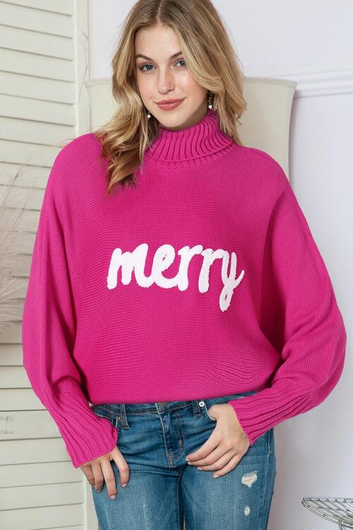 Merry Letter Embroidered High Neck Sweater Bazaarbey