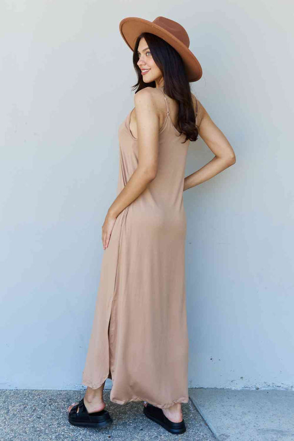 Ninexis Good Energy Full Size Cami Side Slit Maxi Dress in Camel Bazaarbey