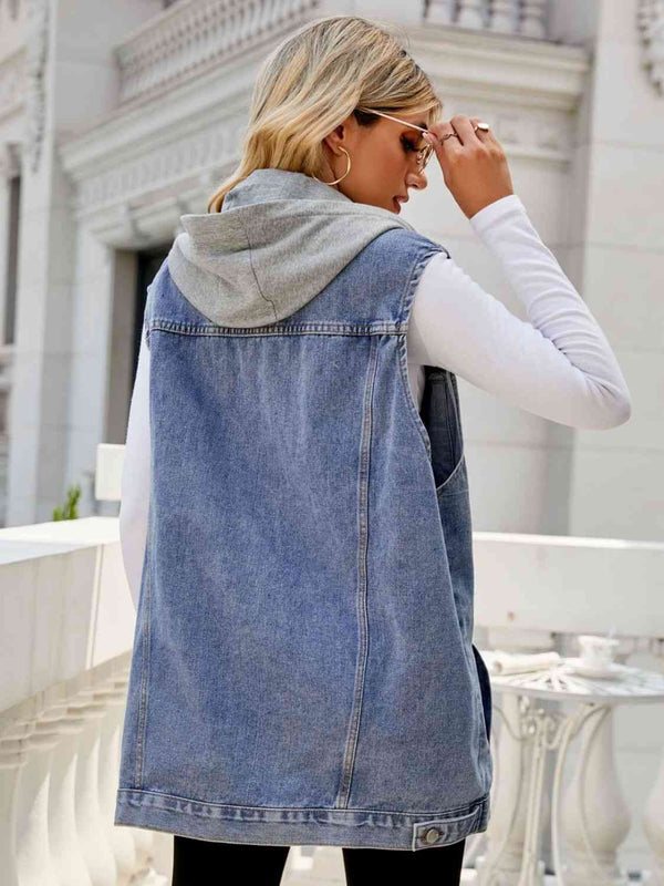 Drawstring Hooded Sleeveless Denim Top with Pockets Bazaarbey