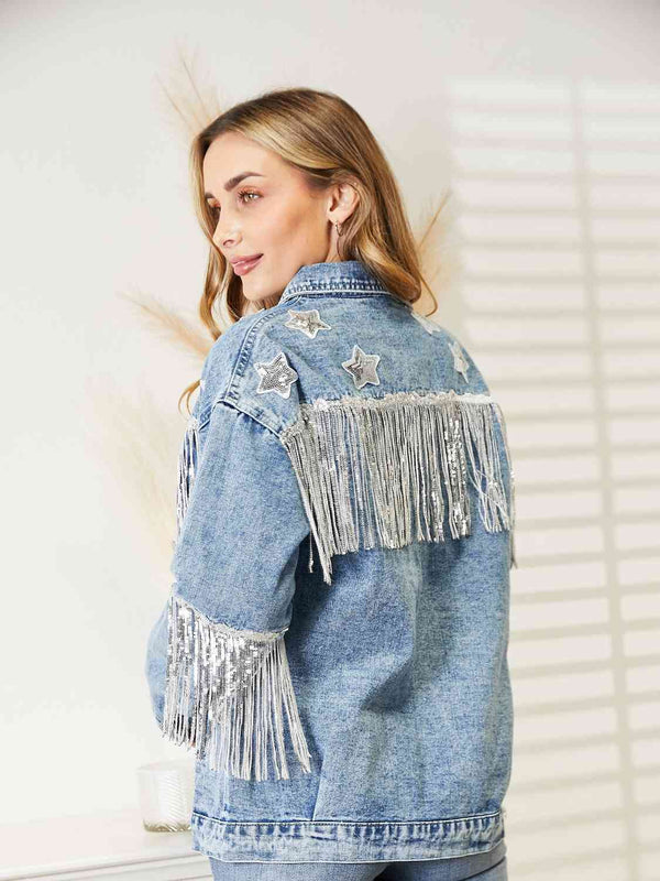 Fringe Detail Long Sleeve Denim Jacket Bazaarbey