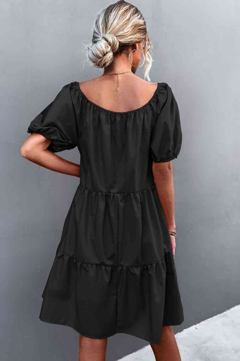 Square Neck Short Sleeve Mini Dress -BazaarBey - www.shopbazaarbey.com