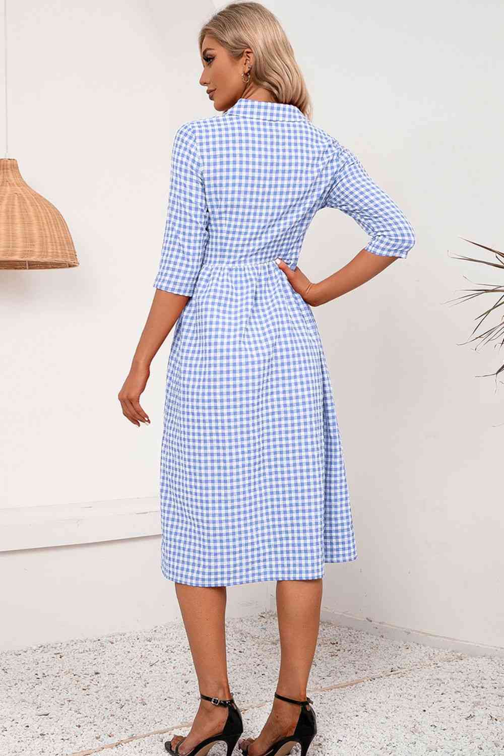 Plaid Collared Neck Midi Dress -BazaarBey - www.shopbazaarbey.com