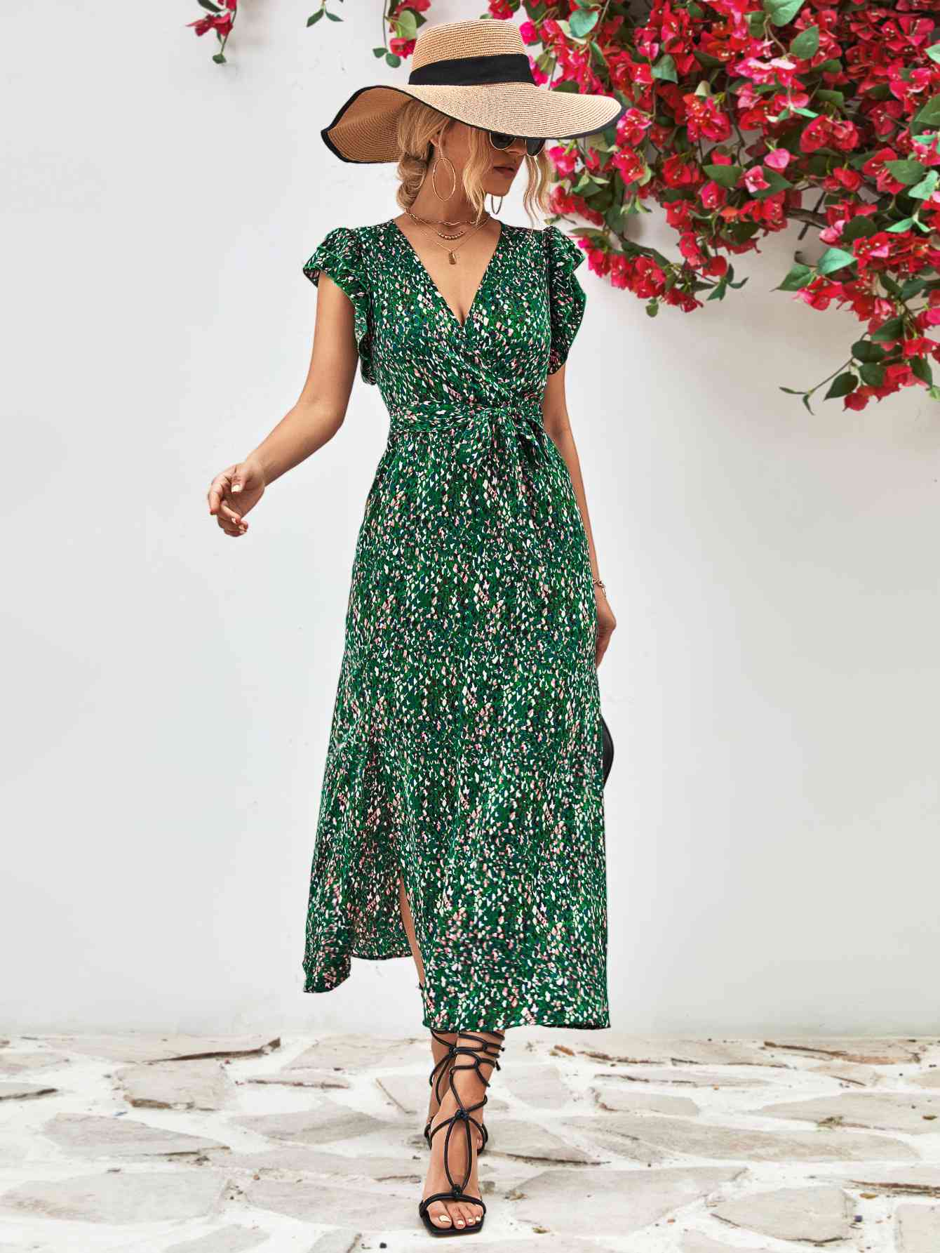 Printed  Neck Flutter Sleeve Slit Dress -BazaarBey - www.shopbazaarbey.com