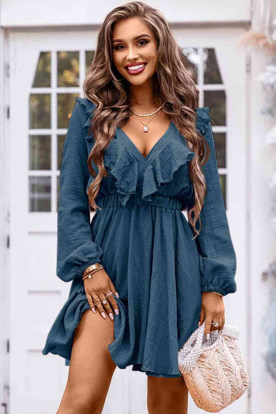 Ruffle Trim V-Neck Long Sleeve Mini Dress Bazaarbey