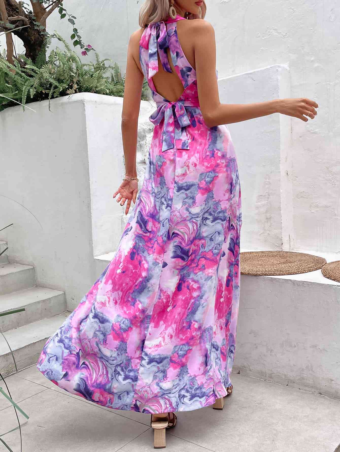 Printed Open Back Slit Sleeveless Dress Bazaarbey