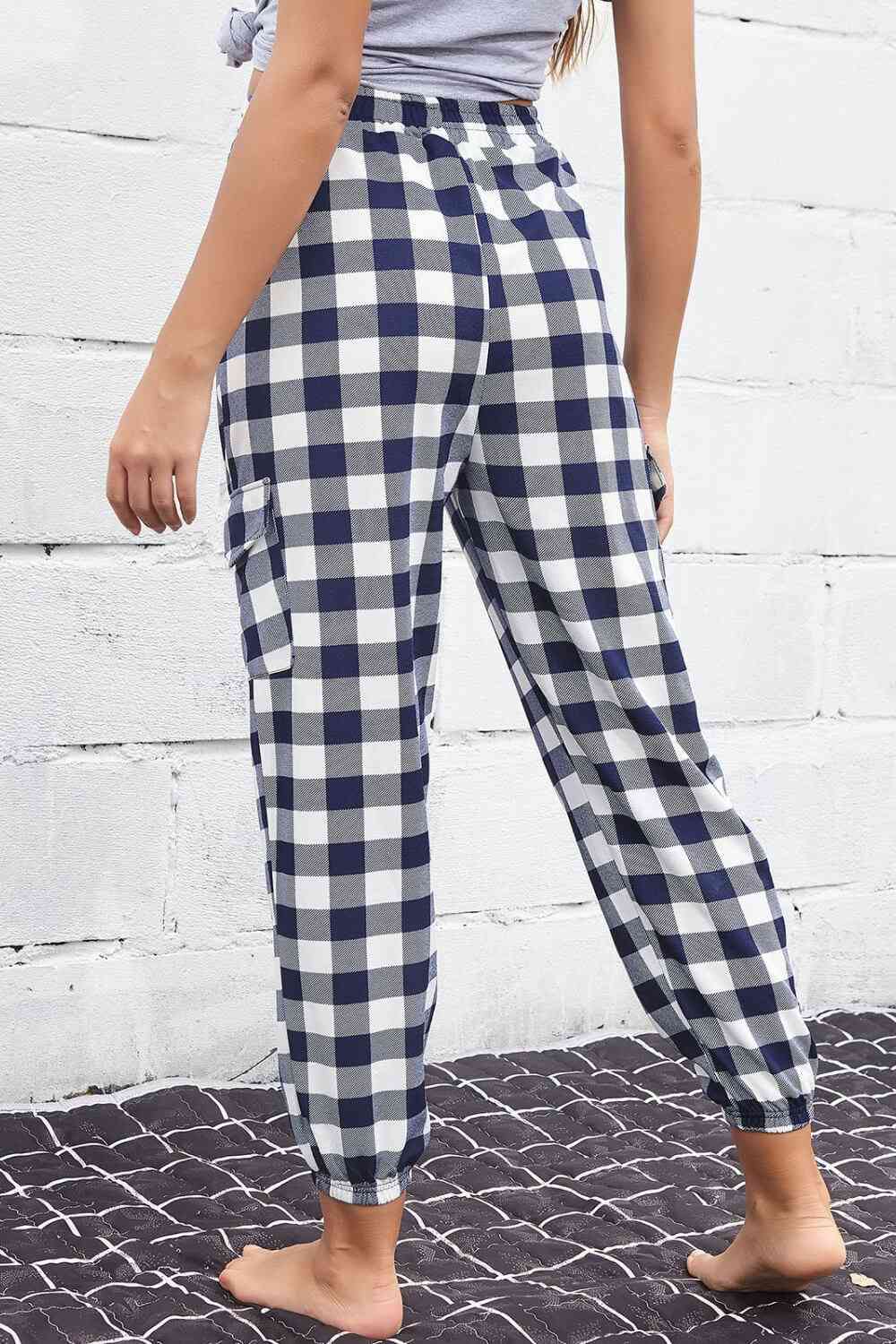 Plaid Elastic High Waist Cargo Pants Bazaarbey