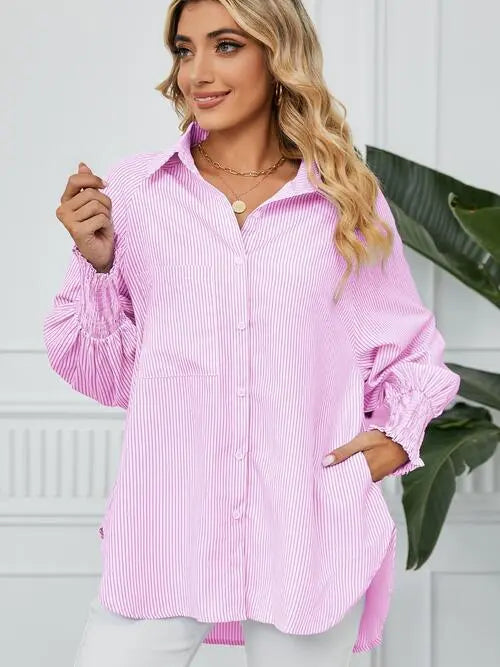 Striped Button Up Smocked Long Sleeve Shirt Bazaarbey