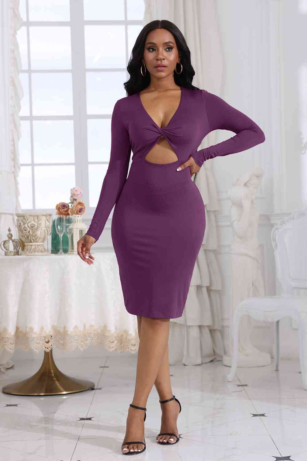 Cutout Twisted Long Sleeve Dress -BazaarBey - www.shopbazaarbey.com