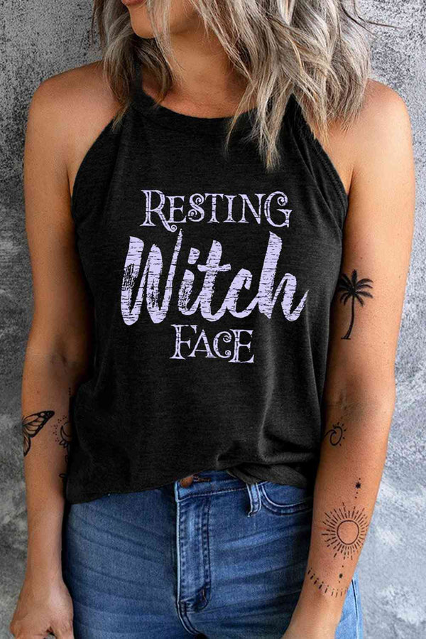 Round Neck RESTING WITCH FACE Graphic Tank Top Bazaarbey