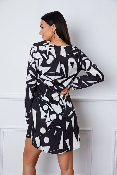 Geometric V-Neck Roll-Tab Sleeve Mini Dress Bazaarbey