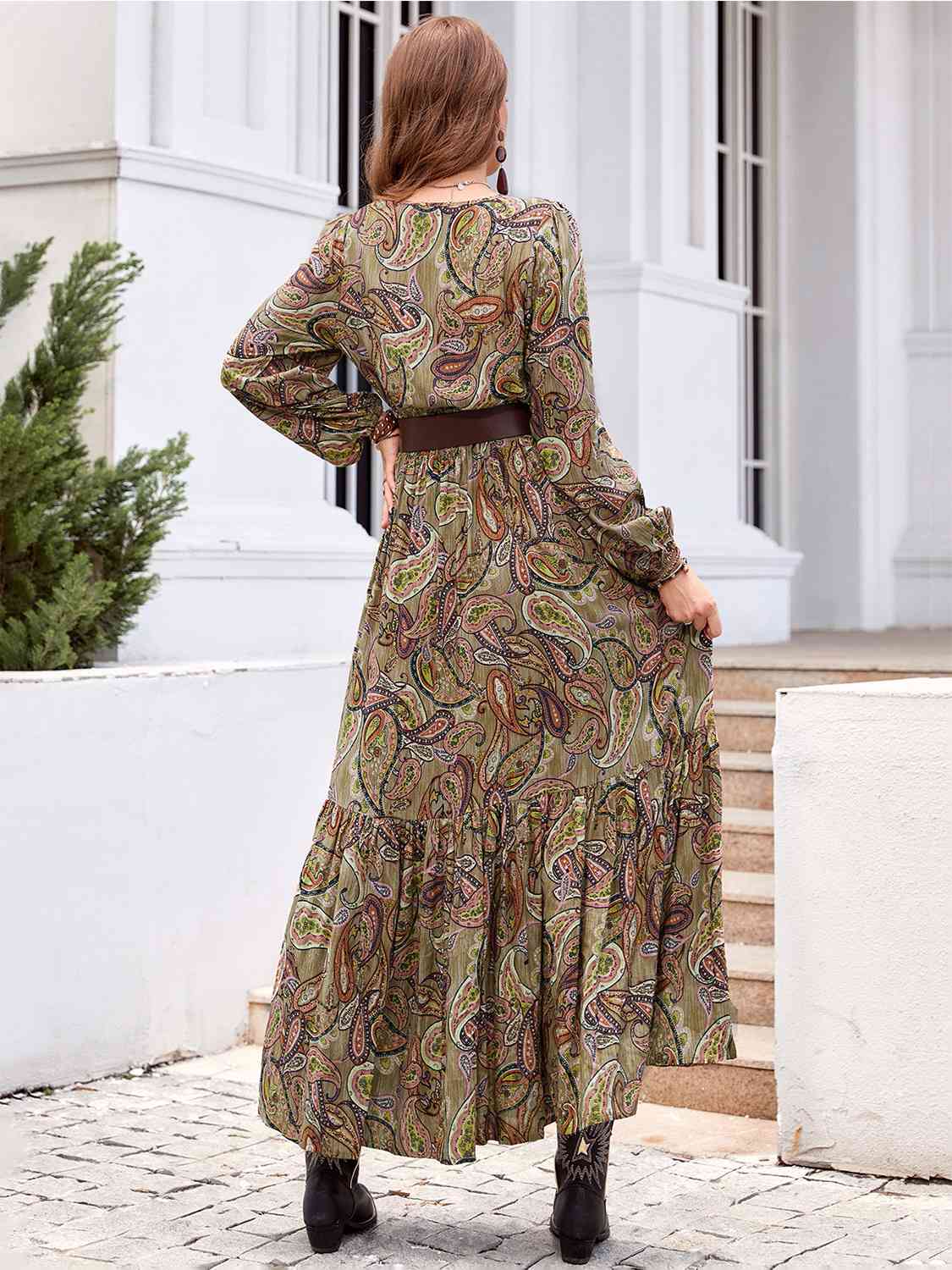 Printed Tie Neck Ruffle Hem Long Sleeve Dress Bazaarbey