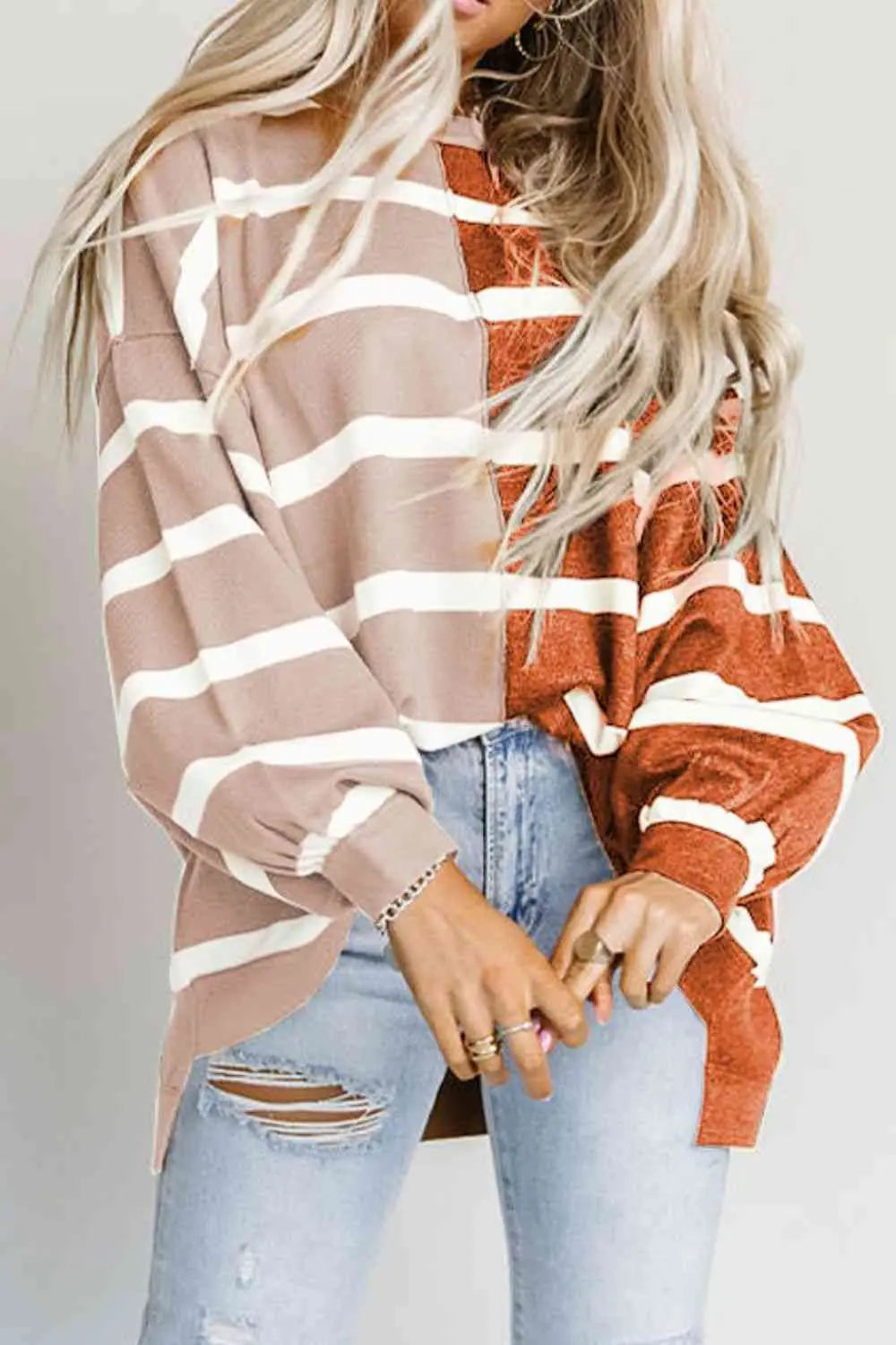 Striped Dropped Shoulder Round Neck Blouse Bazaarbey