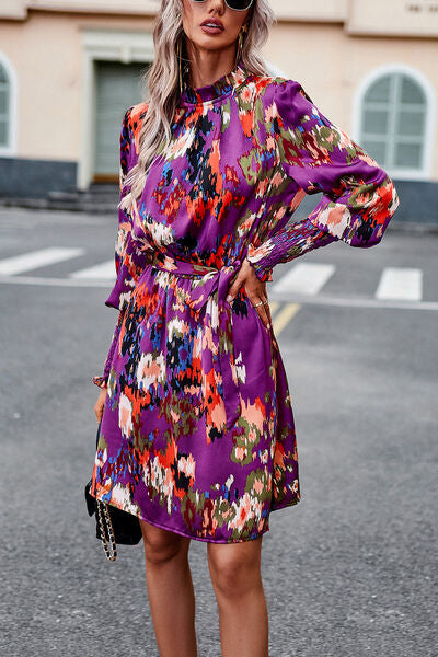 Printed Tie Waist Mock Neck Lantern Sleeve Dress -BazaarBey - www.shopbazaarbey.com