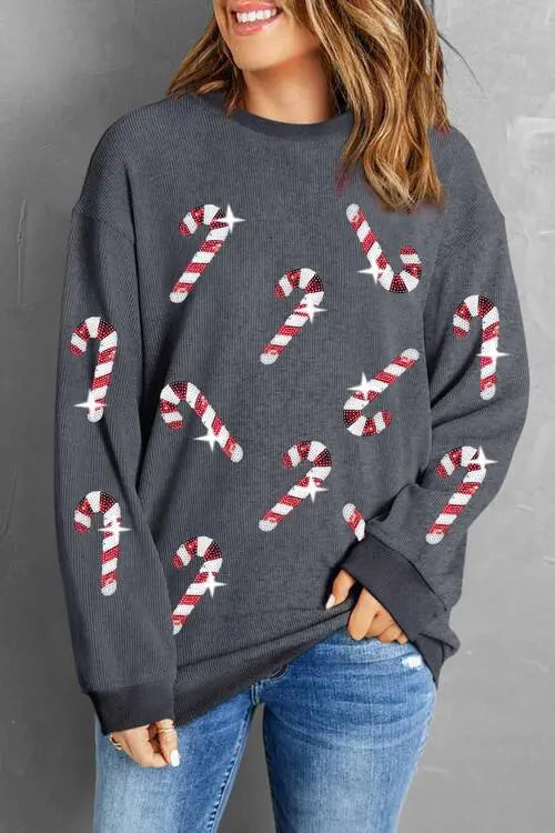  Candy Cane Round Neck Sweatshirt Bazaarbey