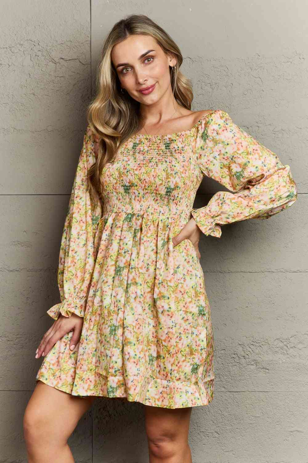 Floral Smocked Square Neck Dress -BazaarBey - www.shopbazaarbey.com