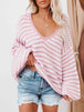 Striped Drop Shoulder V-Neck Sweater Bazaarbey