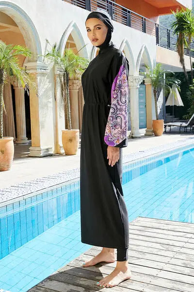  Drawstring Printed Long Sleeve Dress and Pants Swim Set Bazaarbey