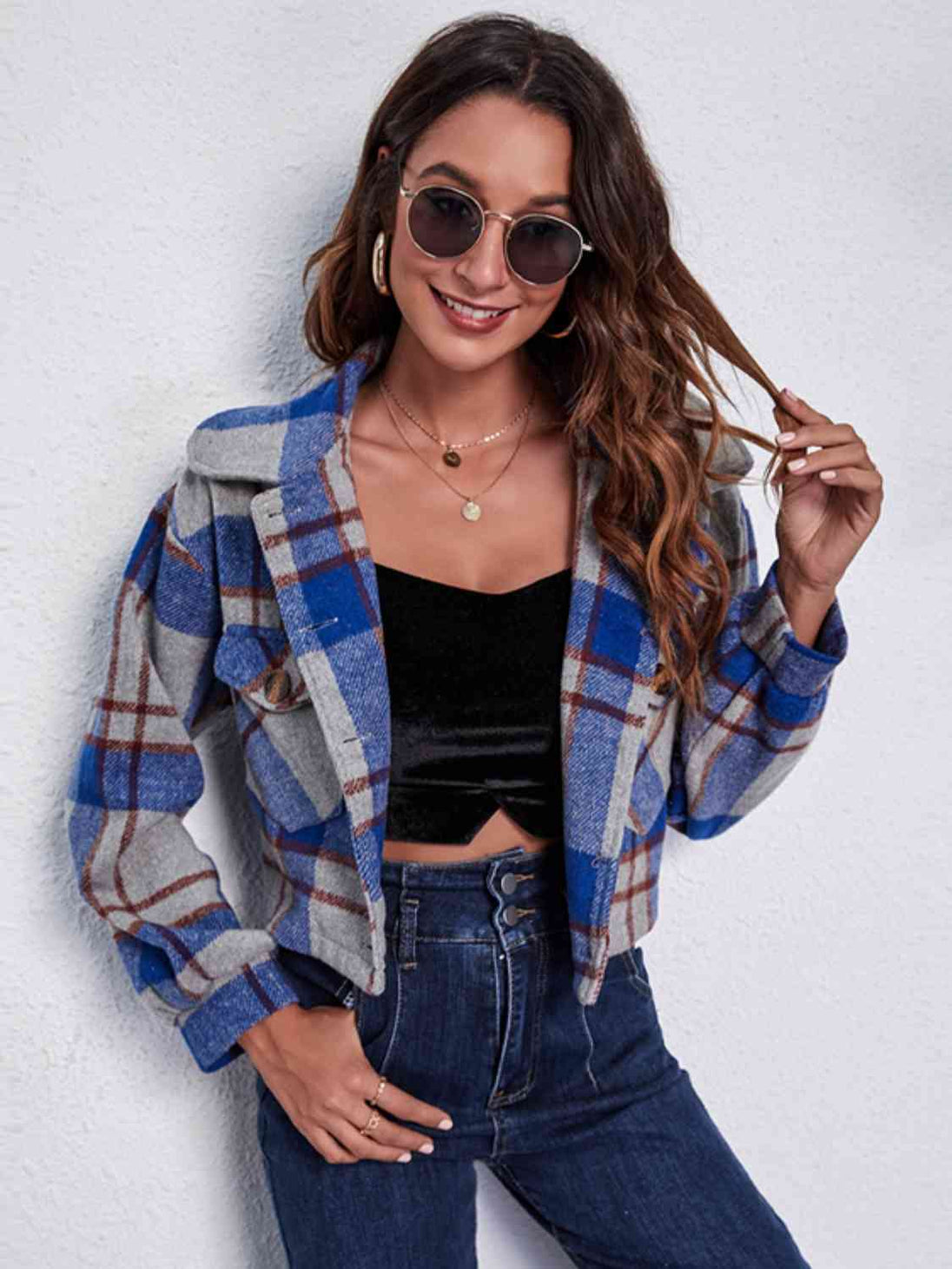 Plaid Button Front Jacket with Pockets Trendsi