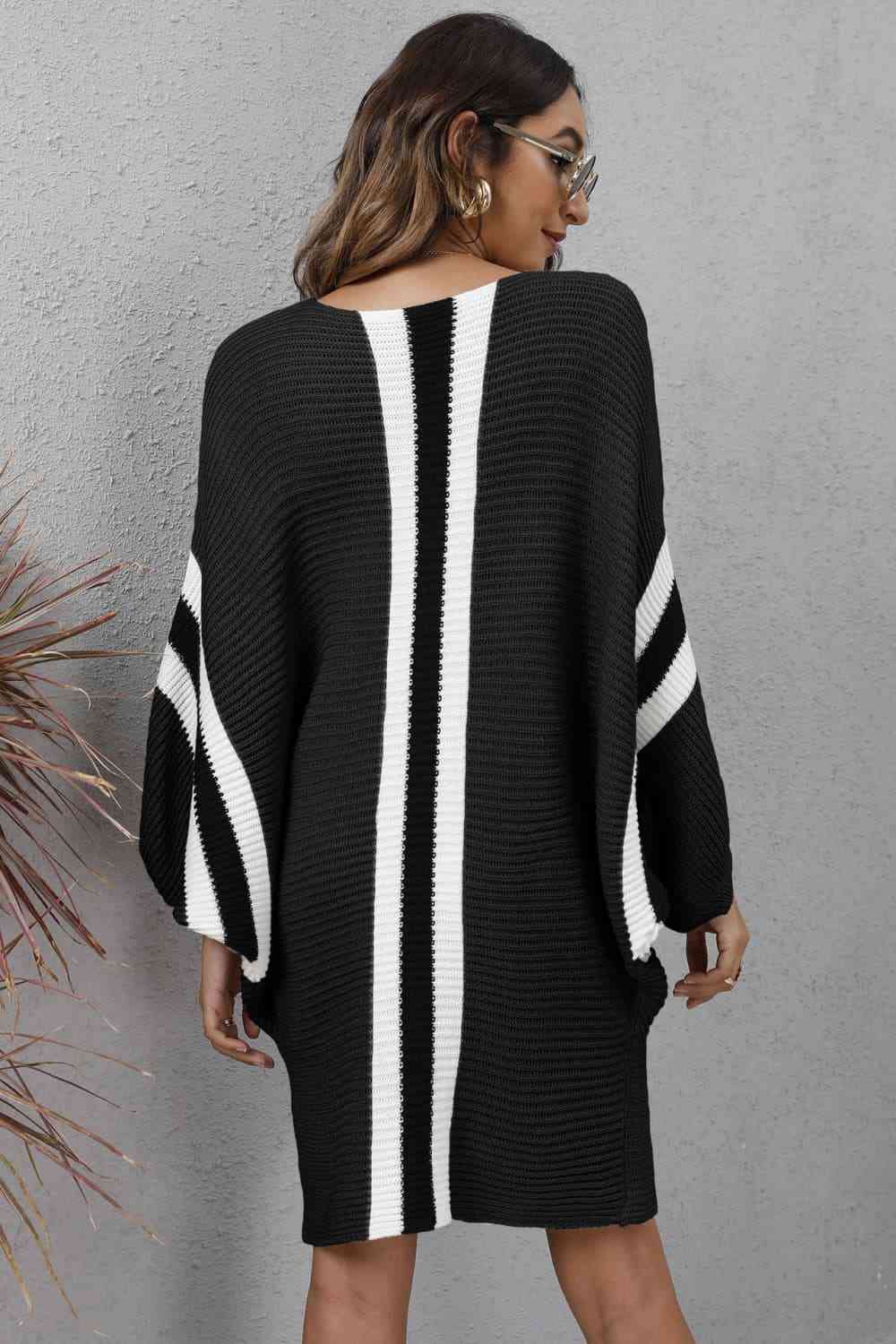 Ribbed Round Neck Long Sleeve Sweater Dress Bazaarbey